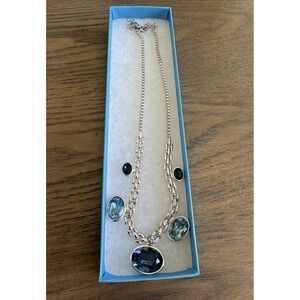 Touchstone Crystal Interweave Necklace Blue Rhodium‎ Plated 15"-18" Chain NEW